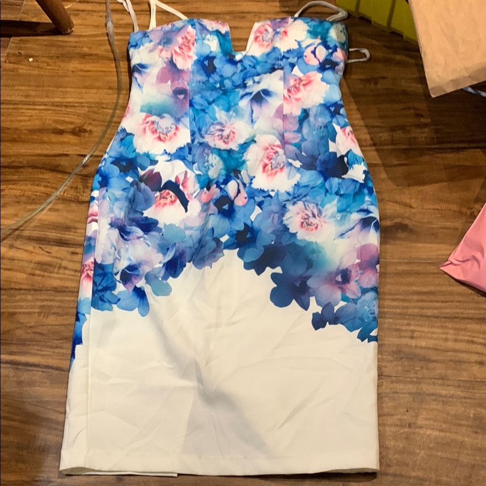 Floral Strapless Dress - Blue and White Size 10